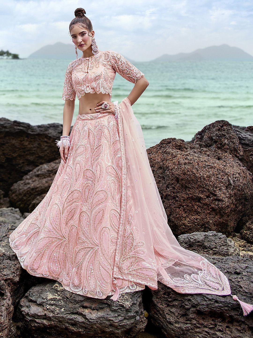 panchhi coral embroidered sequinned semi-stitched lehenga & unstitched blouse with dupatta