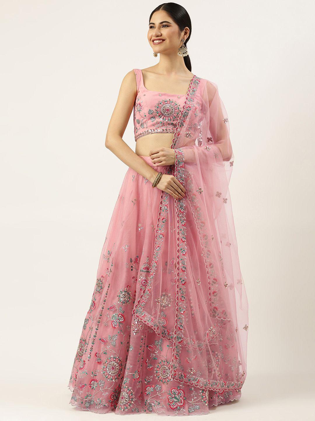 panchhi coral pink embroidered sequinned semi-stitched lehenga set