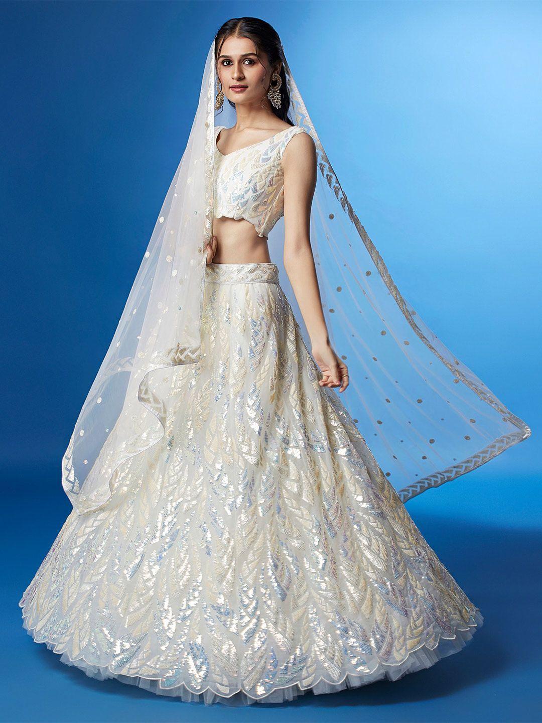 panchhi cream-coloured & blue embellished sequinned semi-stitched lehenga & unstitched blouse with dupatta