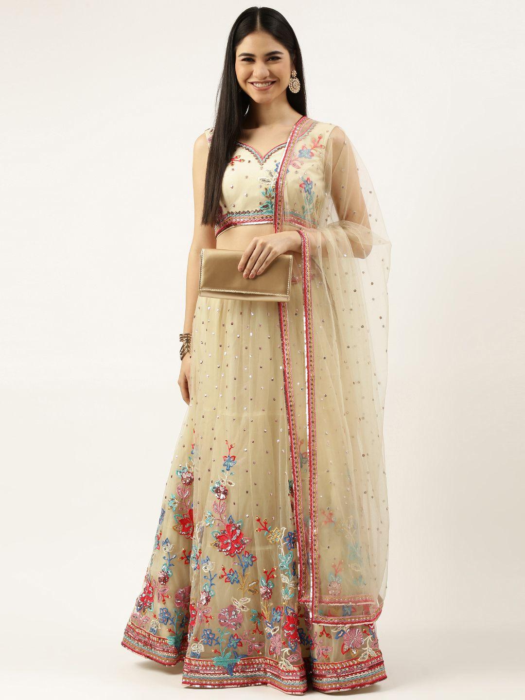 panchhi cream-coloured embroidered sequinned semi-stitched lehenga set