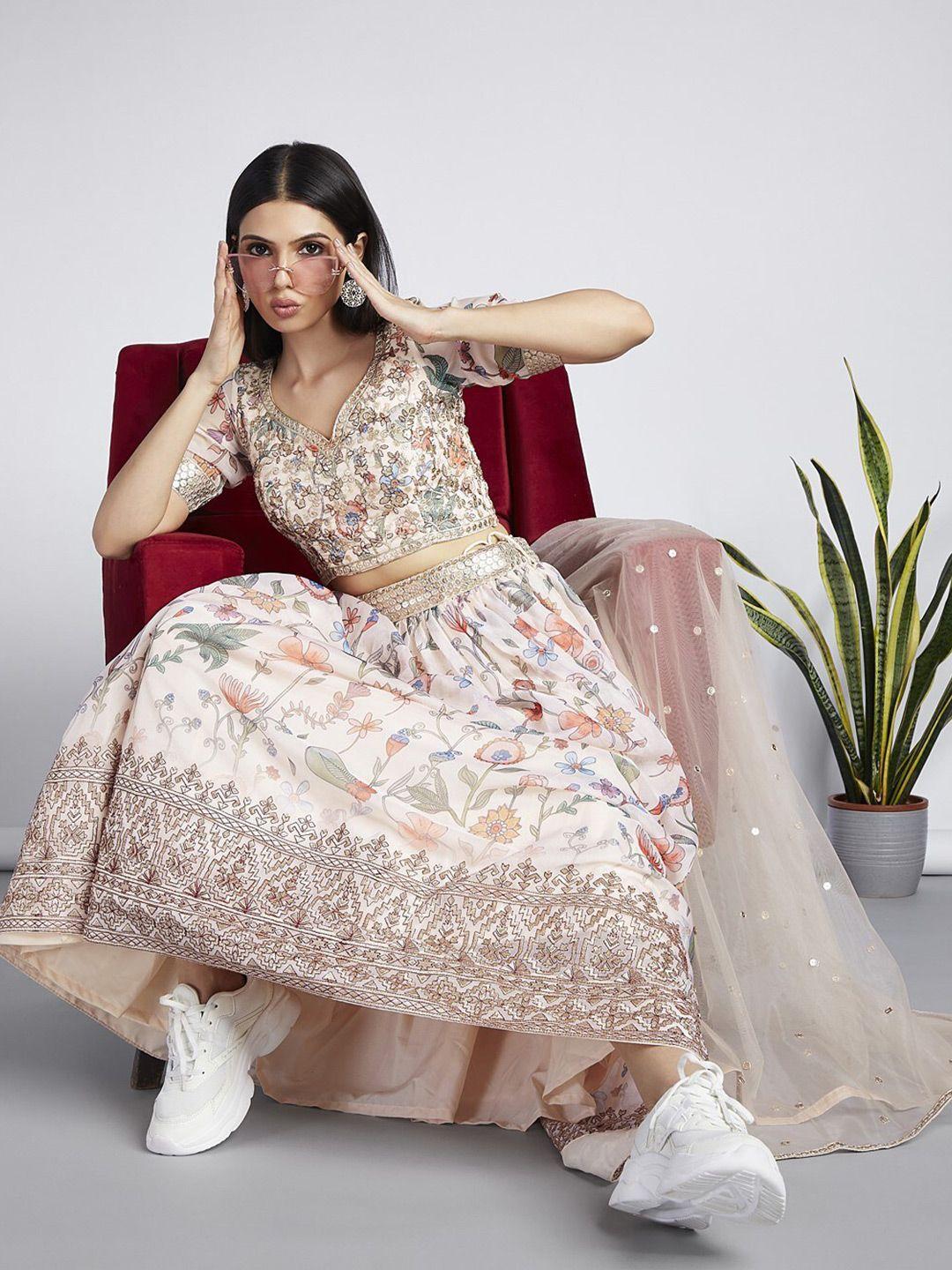 panchhi embroidered sequinned semi-stitched lehenga & unstitched blouse with dupatta