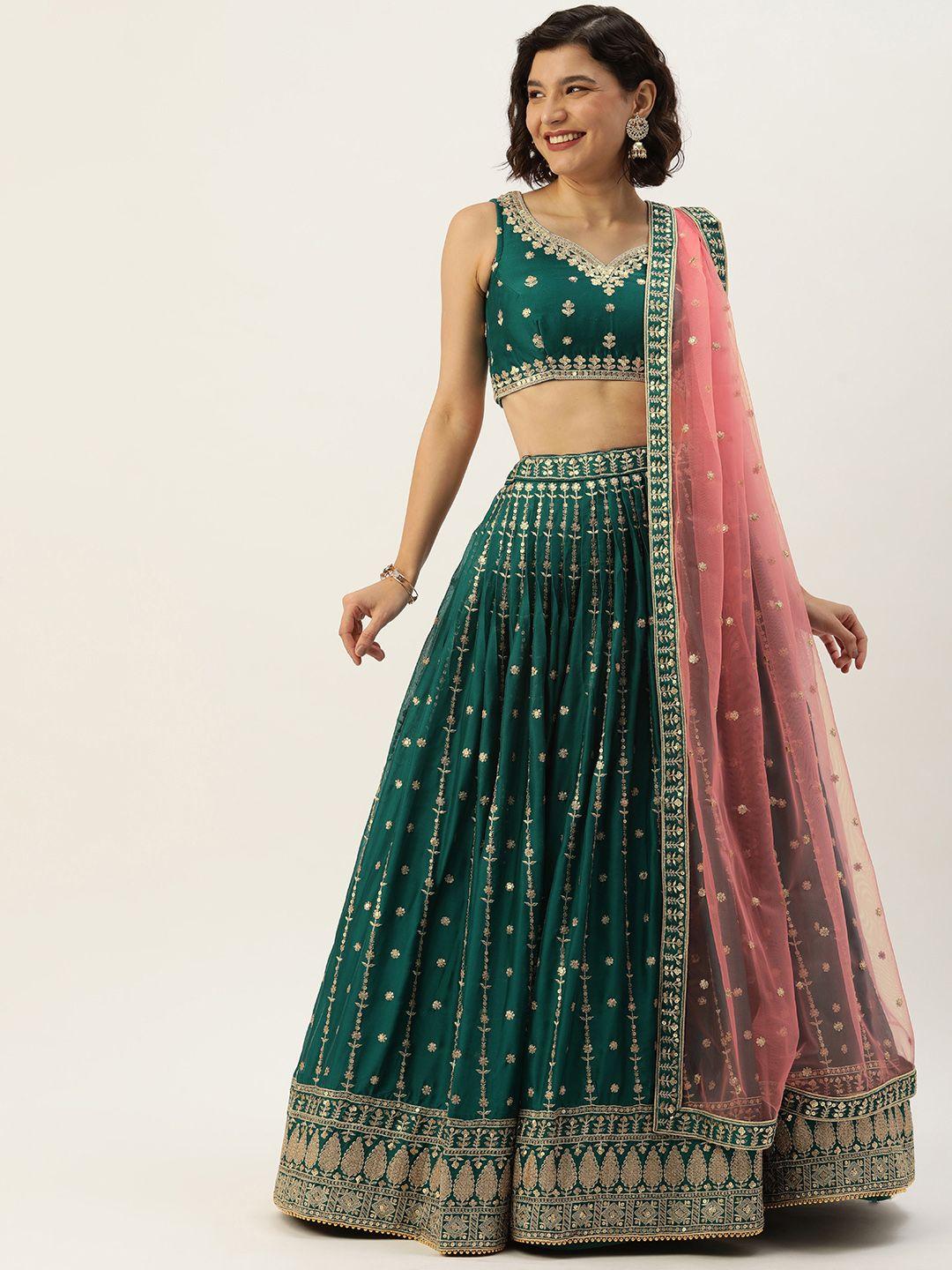 panchhi green & gold sequinned semi-stitched lehenga & unstitched blouse with dupatta