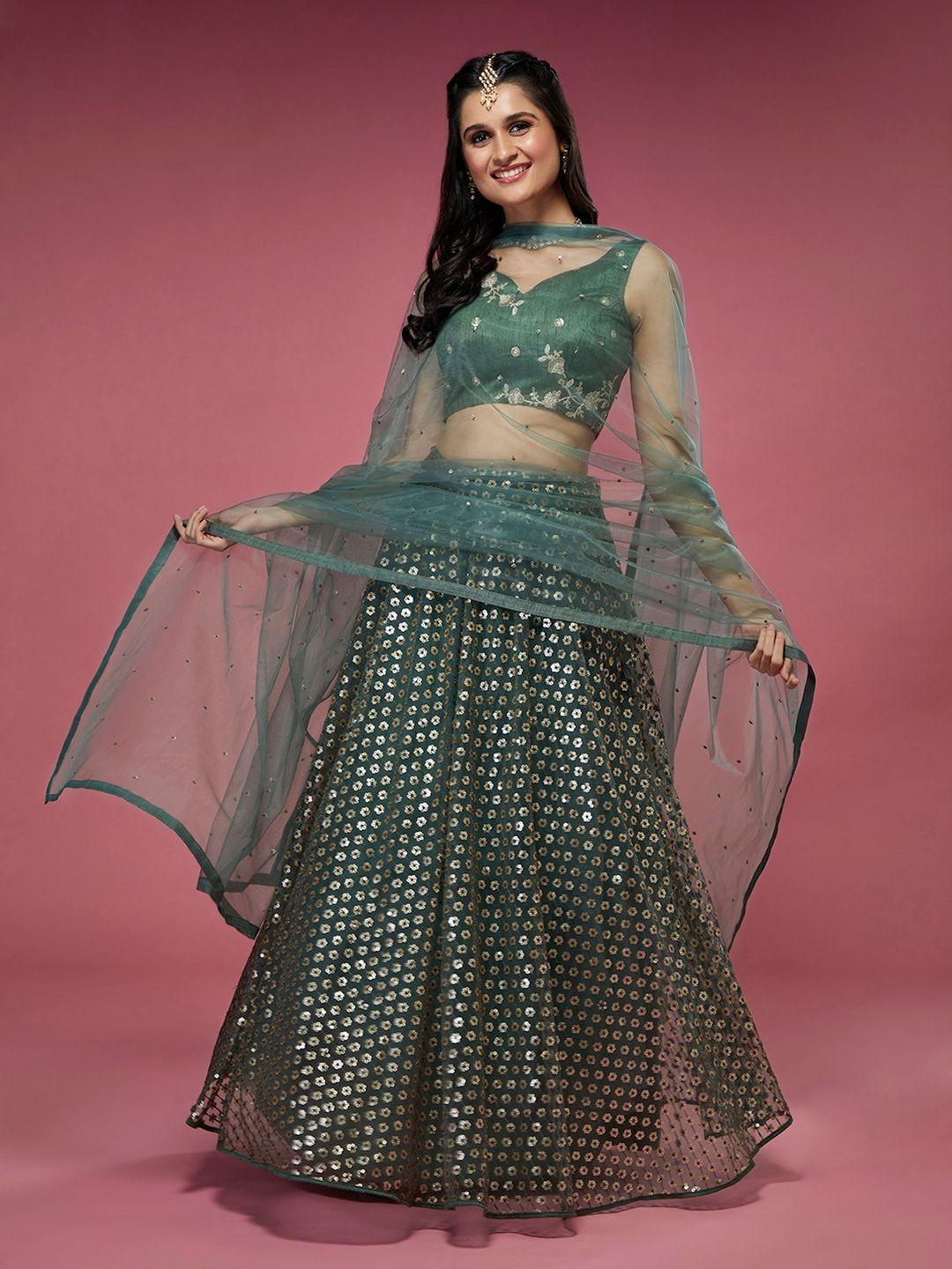 panchhi green & gold-toned embroidered sequinned semi-stitched lehenga & unstitched blouse with dupatta