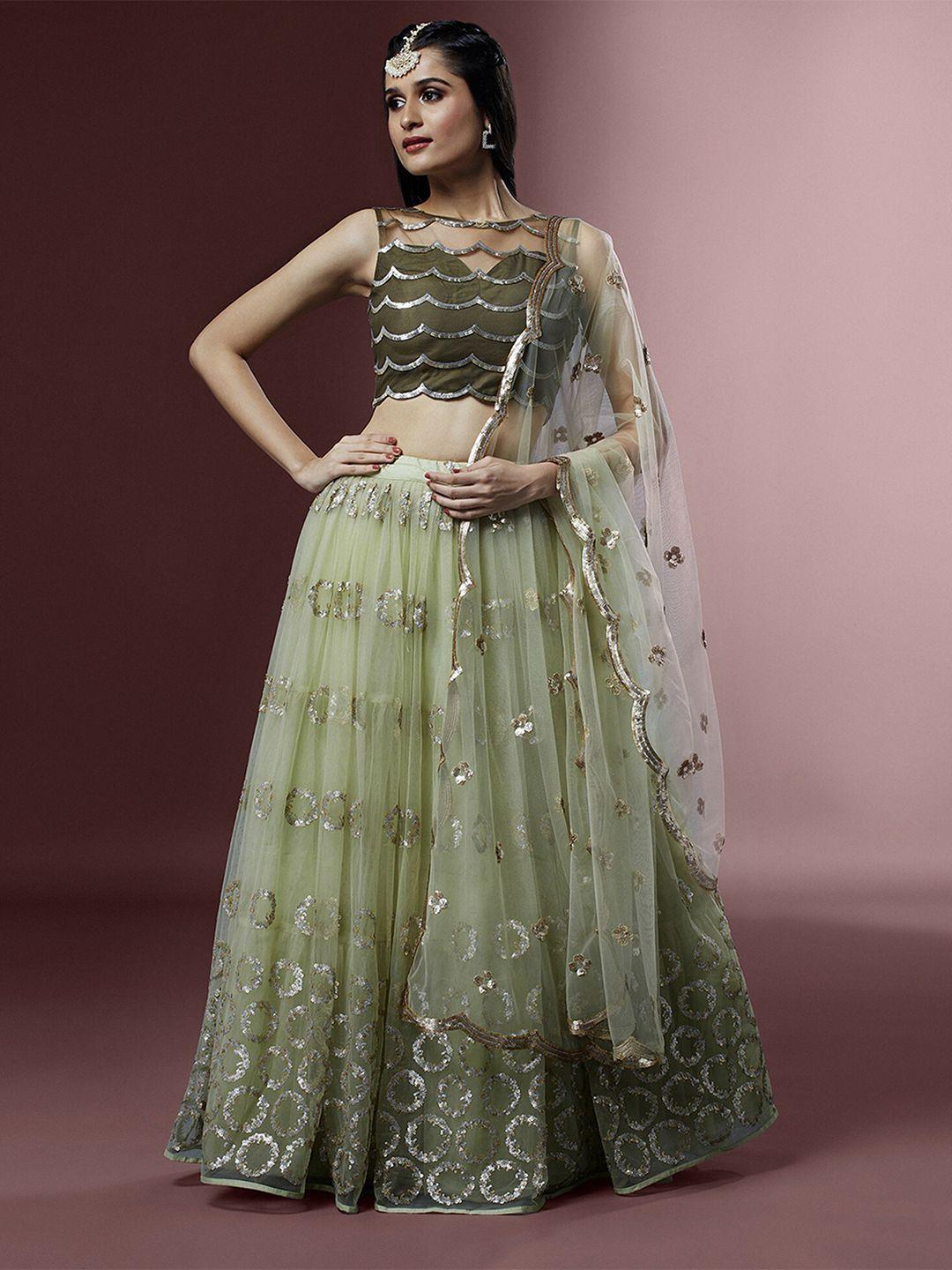 panchhi lime green embroidered sequinned semi-stitched lehenga & unstitched blouse with dupatta