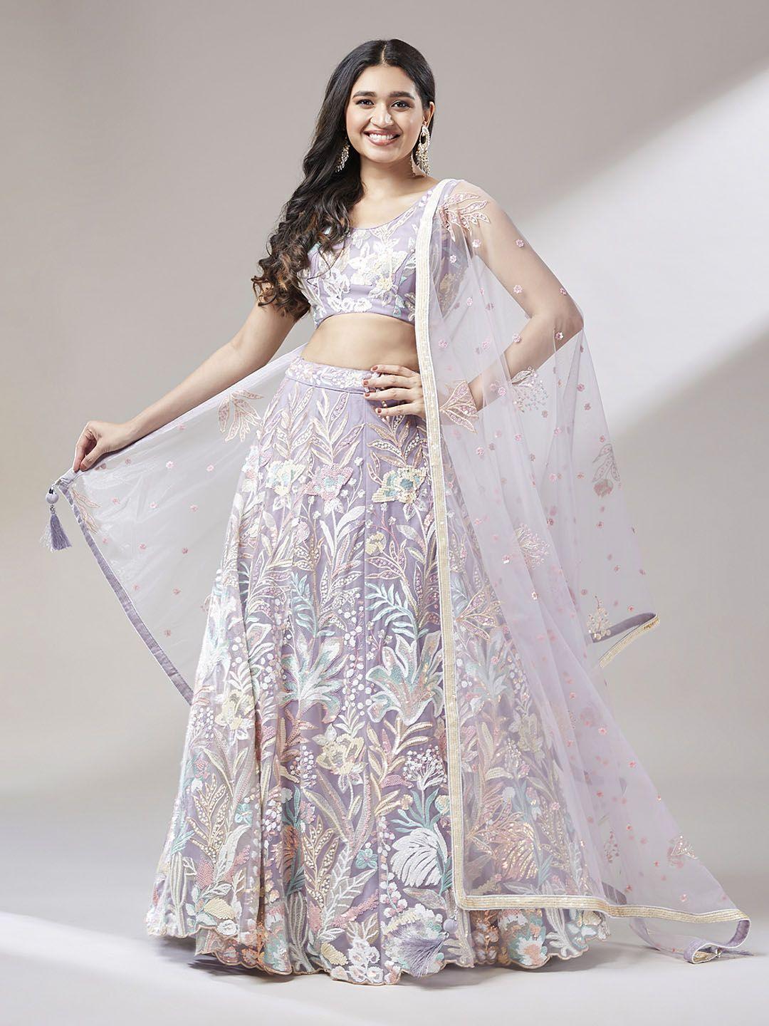 panchhi mauve & white embroidered sequinned semi-stitched lehenga & unstitched blouse with dupatta