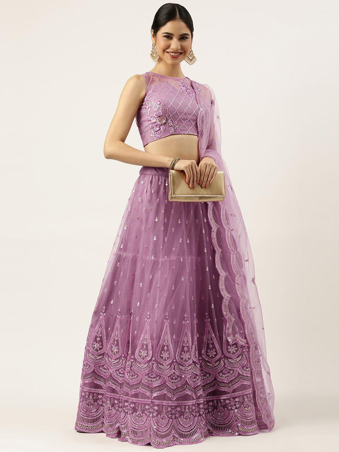 panchhi mauve embroidered sequinned semi-stitched lehenga & unstitched blouse with dupatta