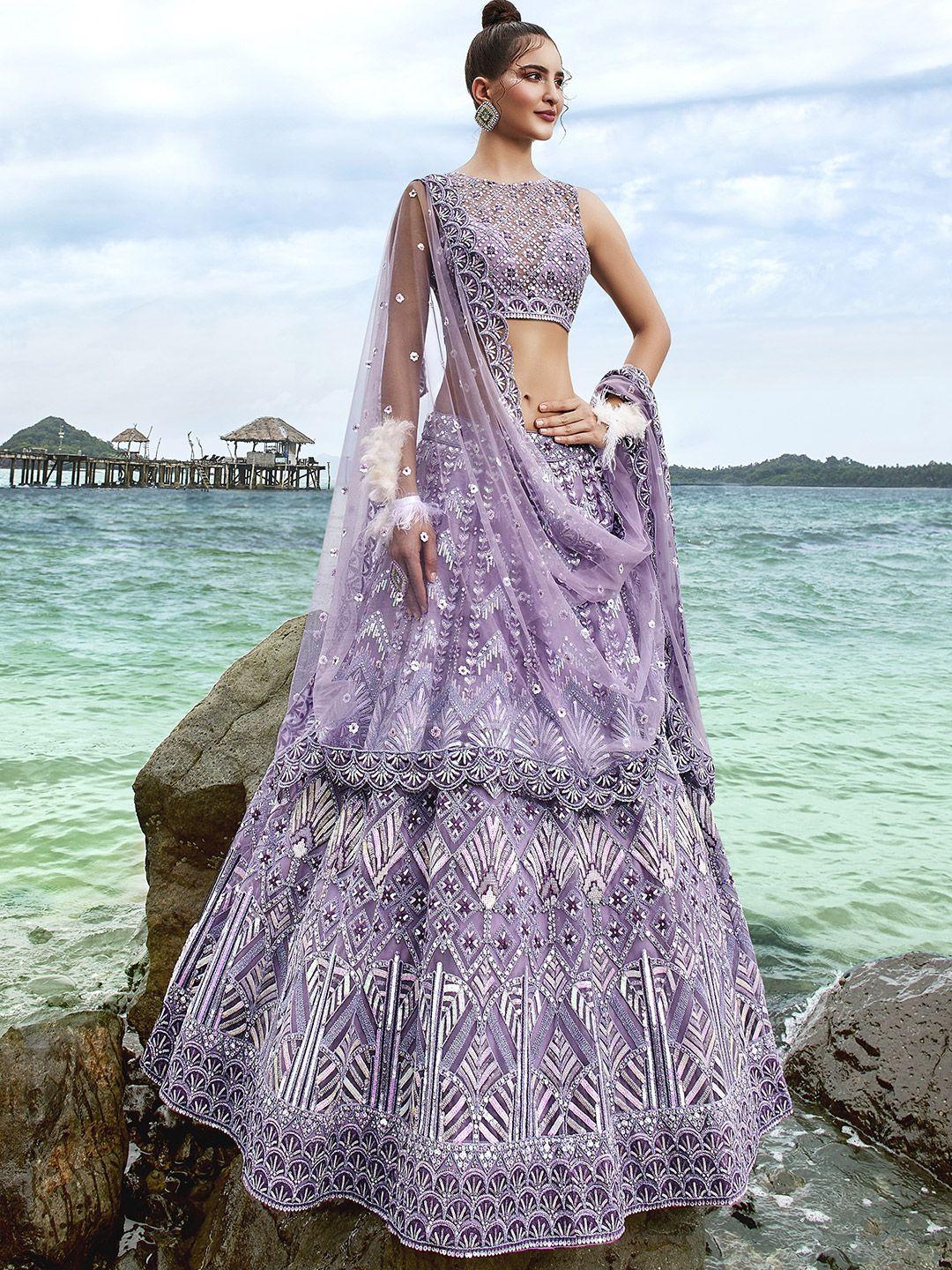 panchhi mauve embroidered sequinned semi-stitched lehenga & unstitched blouse with dupatta