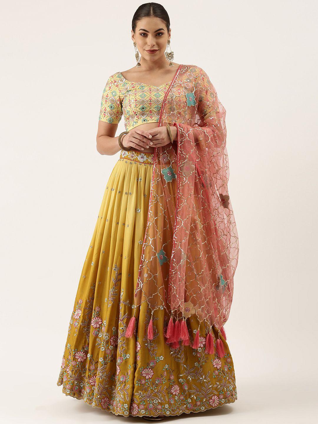 panchhi mustard & pink embellished sequinned semi-stitched lehenga & unstitched blouse with dupatta