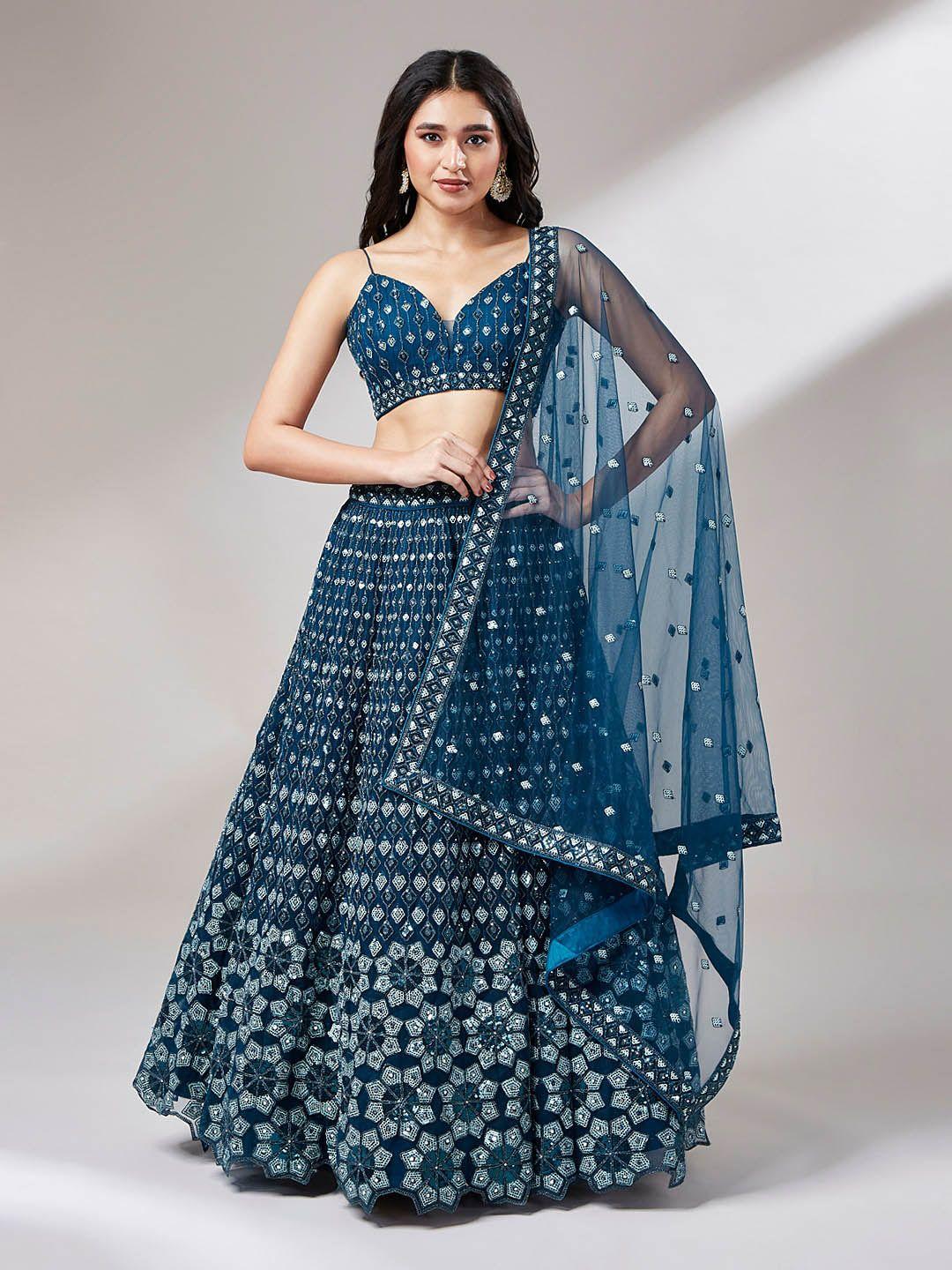 panchhi navy blue embroidered sequinned semi-stitched lehenga & unstitched blouse with dupatta