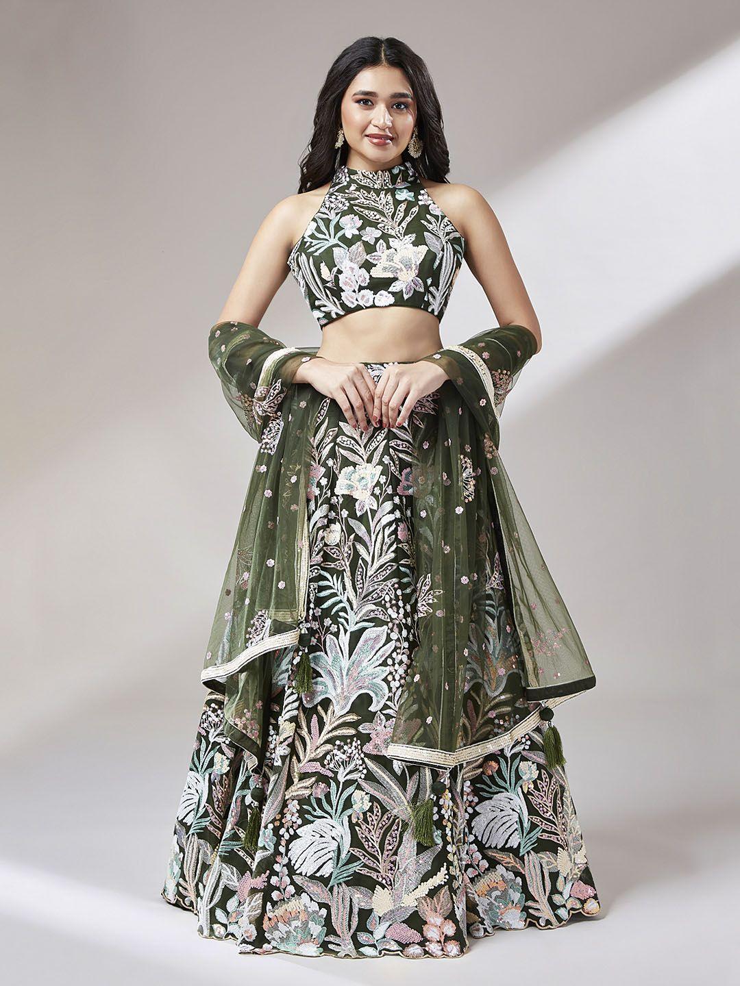 panchhi olive green & white embroidered sequinned semi-stitched lehenga & unstitched blouse with dupatta