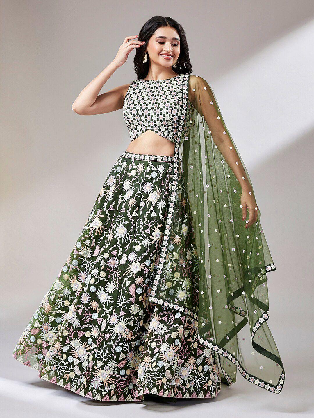 panchhi olive green & white embroidered sequinned semi-stitched lehenga & unstitched blouse with dupatta