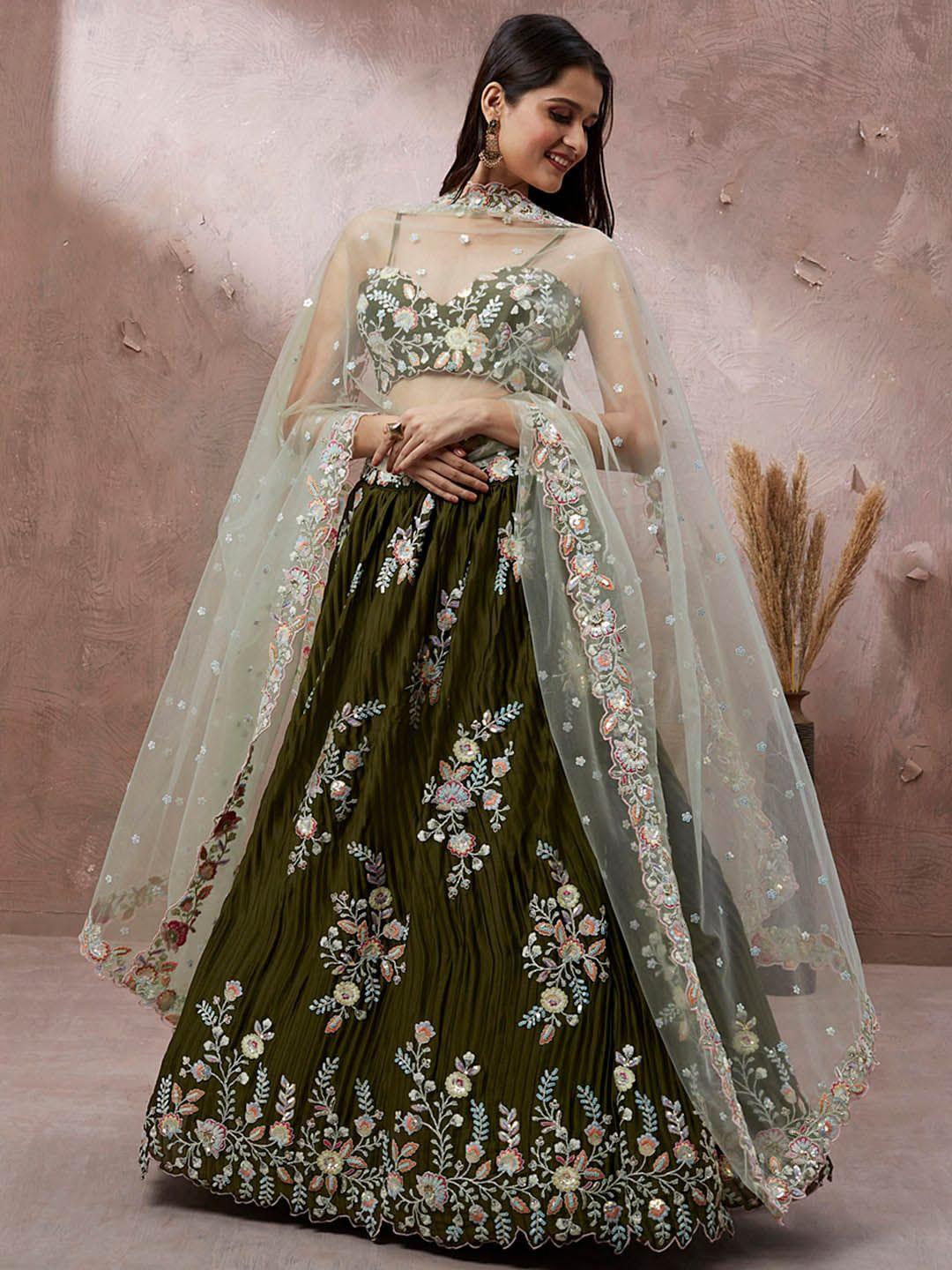 panchhi olive green & white embroidered sequinned semi-stitched lehenga & unstitched blouse with dupatta