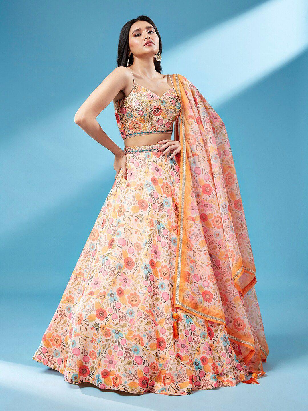 panchhi orange & blue embroidered sequinned tie and dye ready to wear lehenga & unstitched blouse with