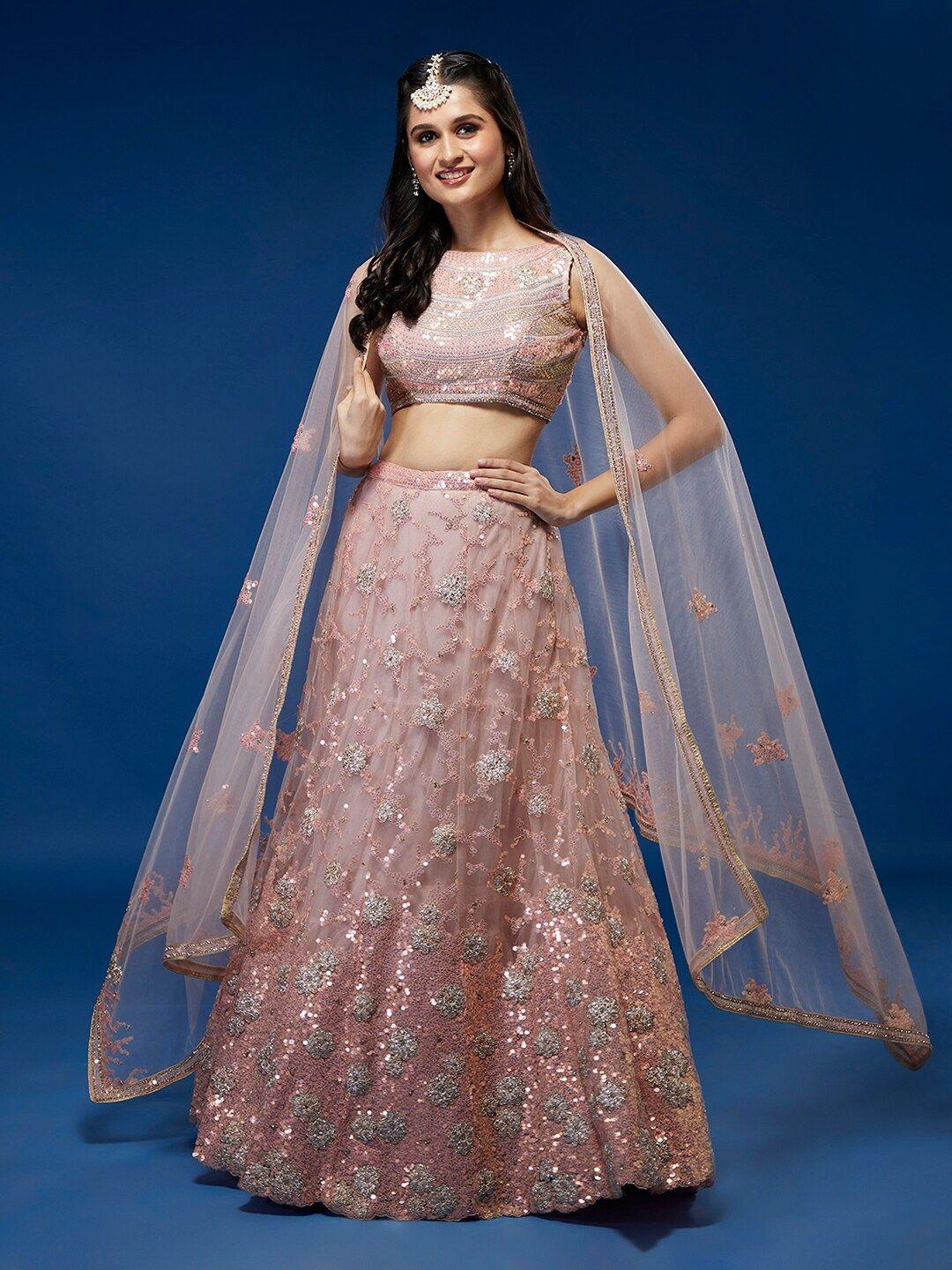 panchhi peach-coloured & gold-toned embellished sequinned semi-stitched lehenga & unstitched blouse with