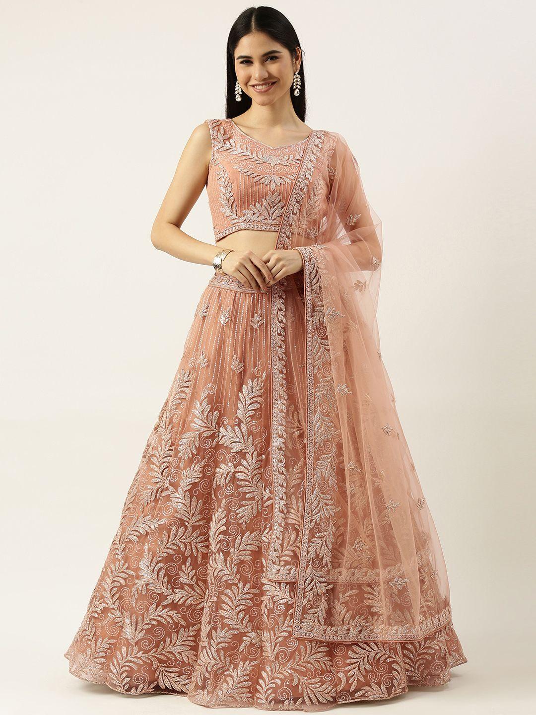 panchhi peach-coloured embellished sequinned semi-stitched lehenga & unstitched blouse with dupatta