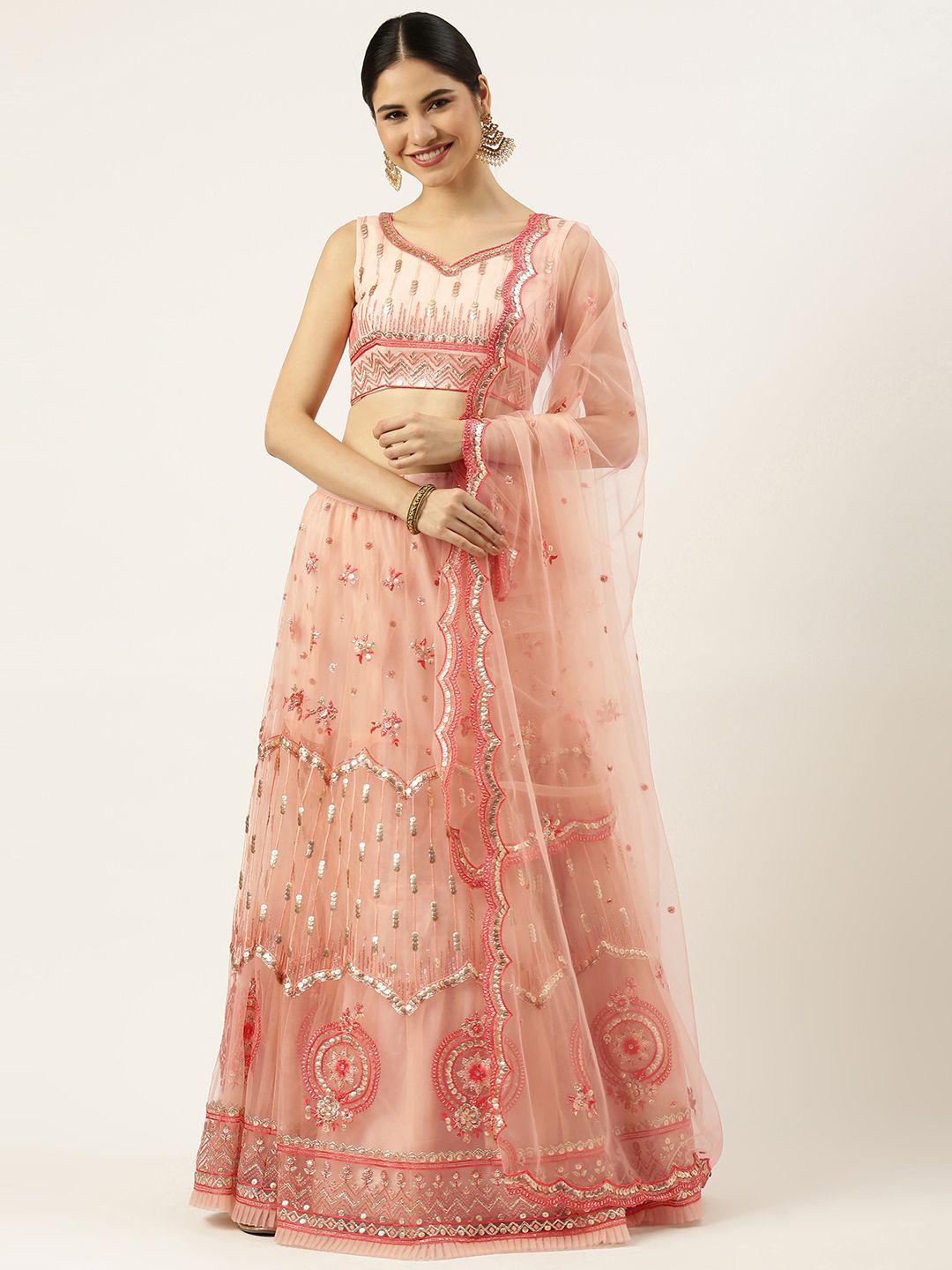 panchhi peach-coloured embellished sequinned semi-stitched lehenga & unstitched blouse with dupatta