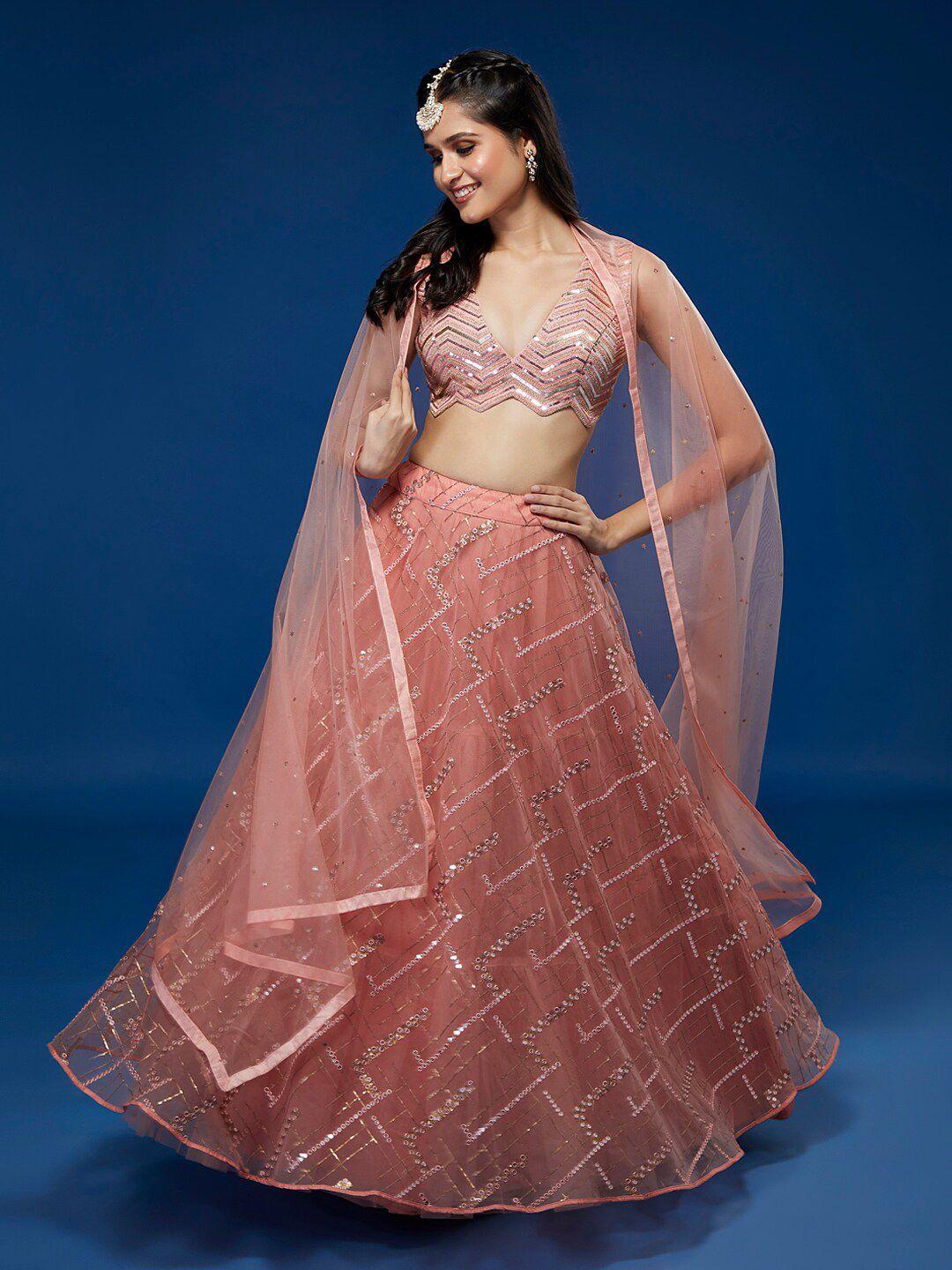 panchhi peach-coloured embroidered sequinned semi-stitched lehenga & unstitched blouse with dupatta