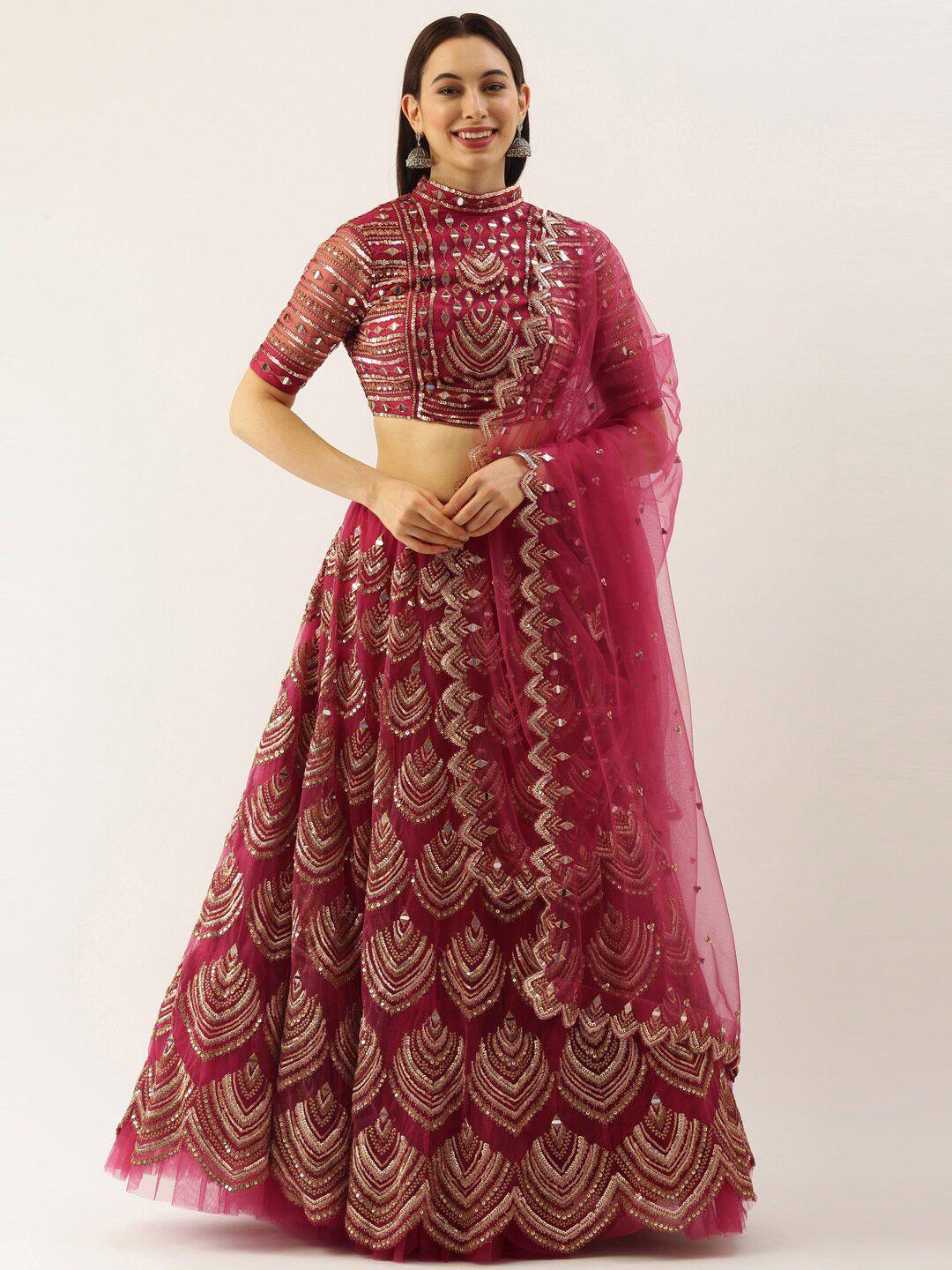 panchhi pink & gold-toned embellished sequinned semi-stitched lehenga & unstitched blouse with dupatta