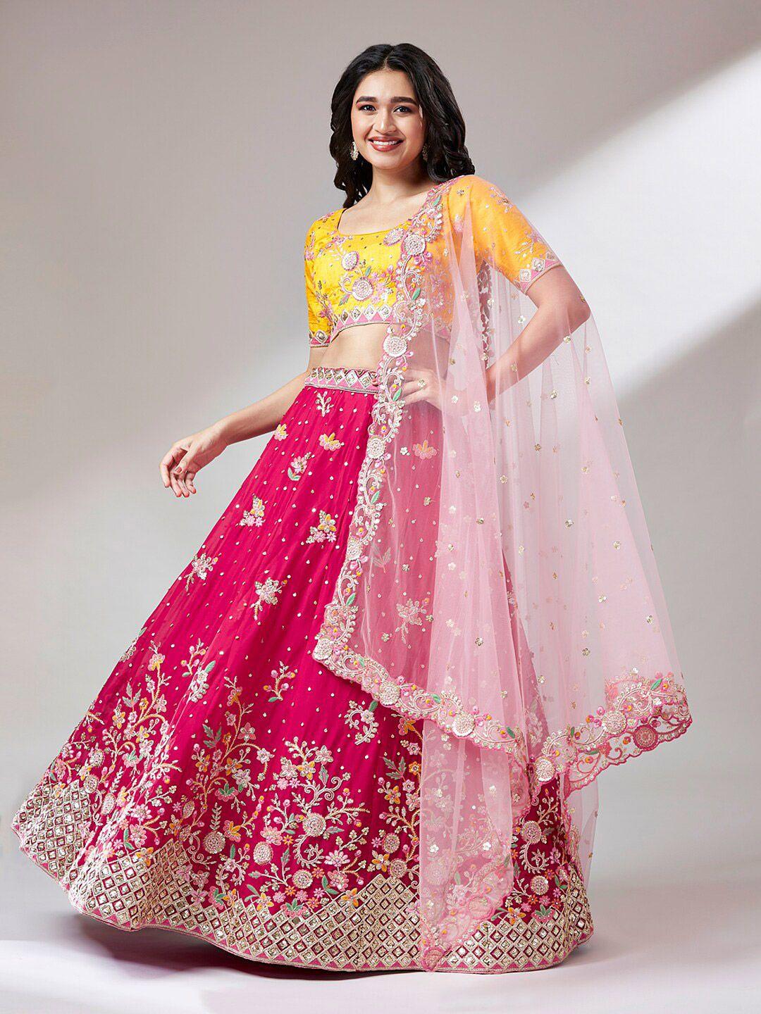 panchhi pink & yellow embroidered sequinned semi-stitched lehenga & unstitched blouse with dupatta