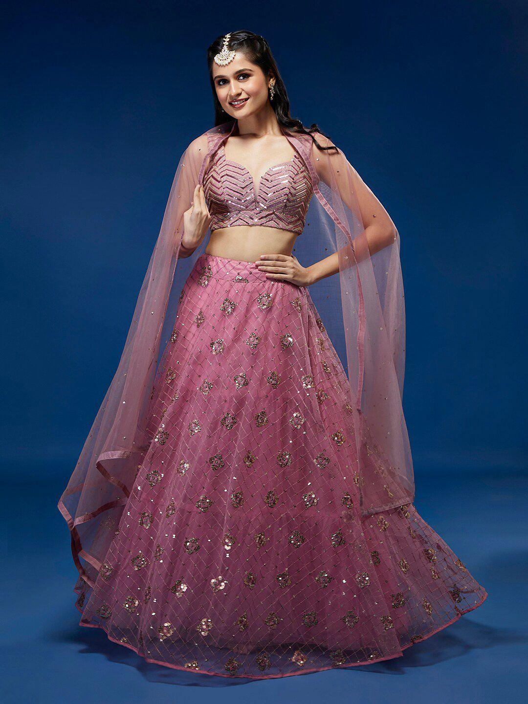 panchhi pink embroidered sequinned semi-stitched lehenga & unstitched blouse with dupatta