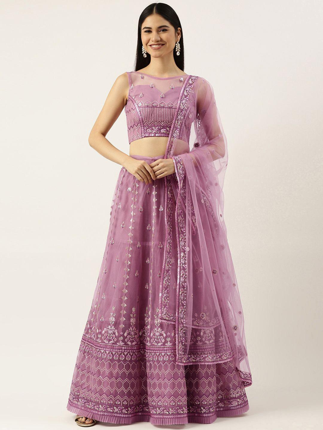 panchhi purple embellished sequinned semi-stitched lehenga & unstitched blouse with dupatta