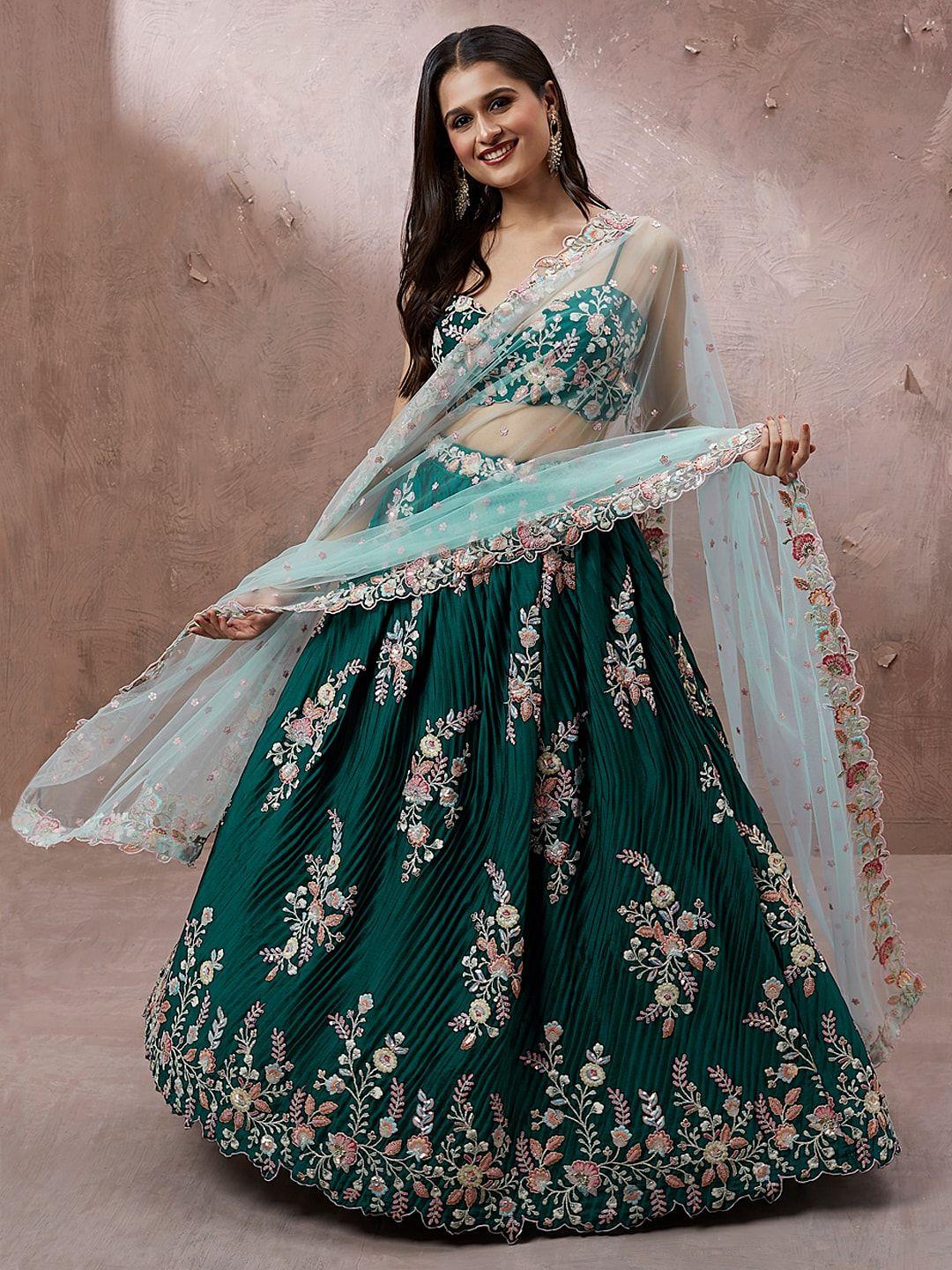 panchhi teal & blue embroidered sequinned semi-stitched lehenga & unstitched blouse with dupatta