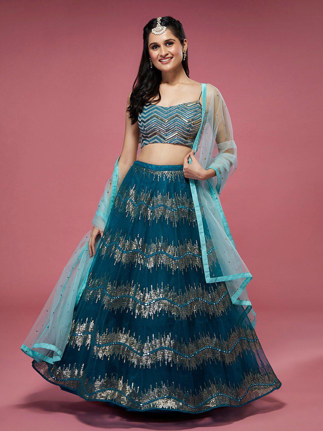 panchhi teal & gold-toned embellished sequinned semi-stitched lehenga & unstitched blouse with dupatta