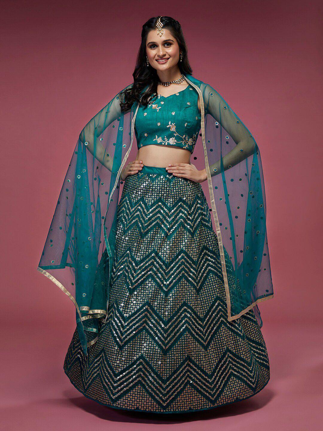 panchhi teal & gold-toned embellished sequinned semi-stitched lehenga & unstitched blouse with dupatta