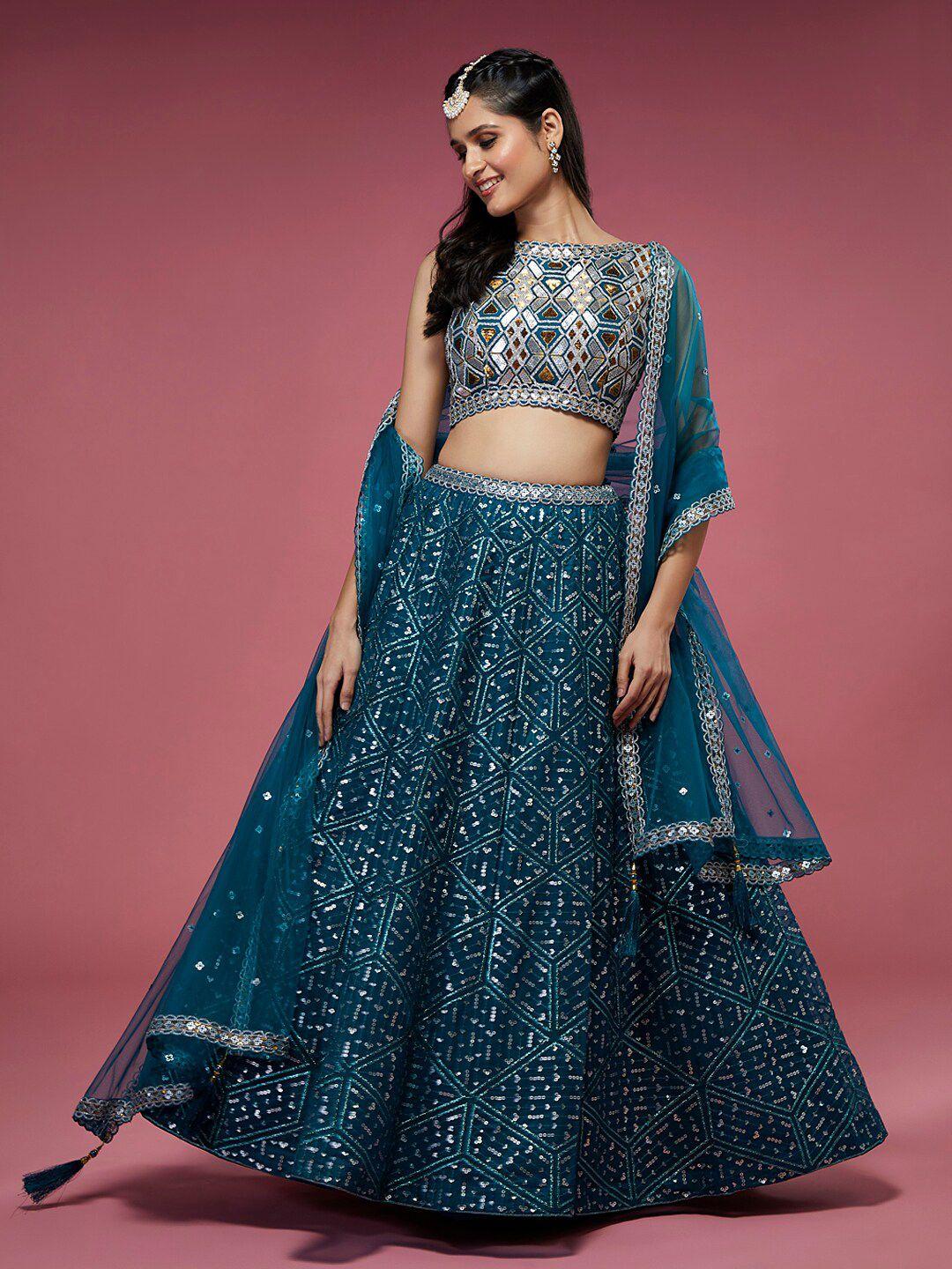 panchhi teal & gold-toned embellished sequinned semi-stitched lehenga & unstitched blouse with dupatta