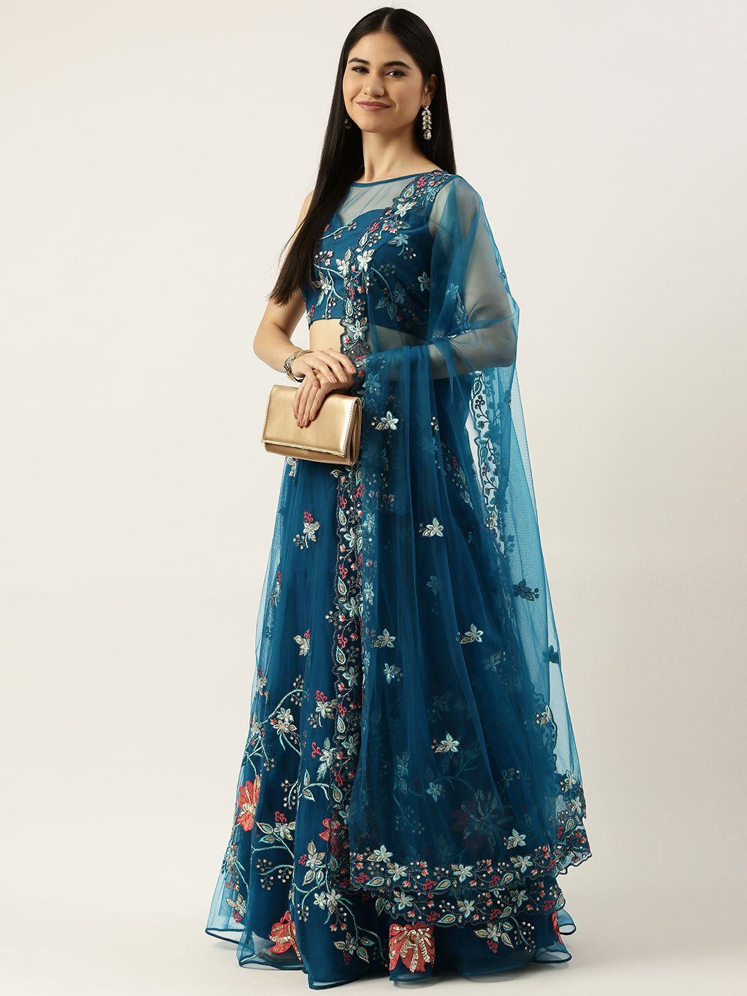 panchhi teal blue embroidered sequinned semi-stitched lehenga set