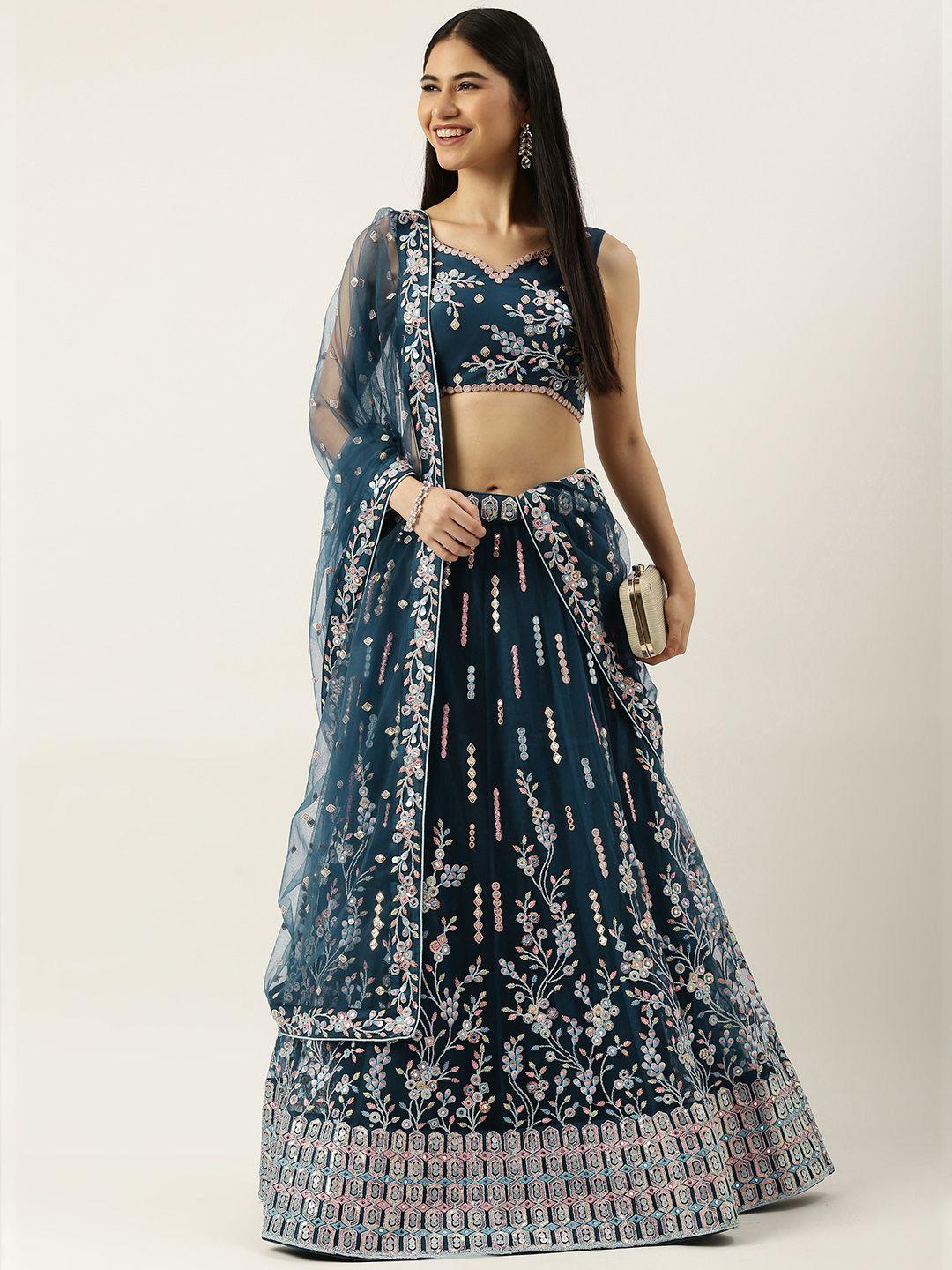 panchhi teal embellished sequinned semi-stitched lehenga & unstitched blouse with dupatta