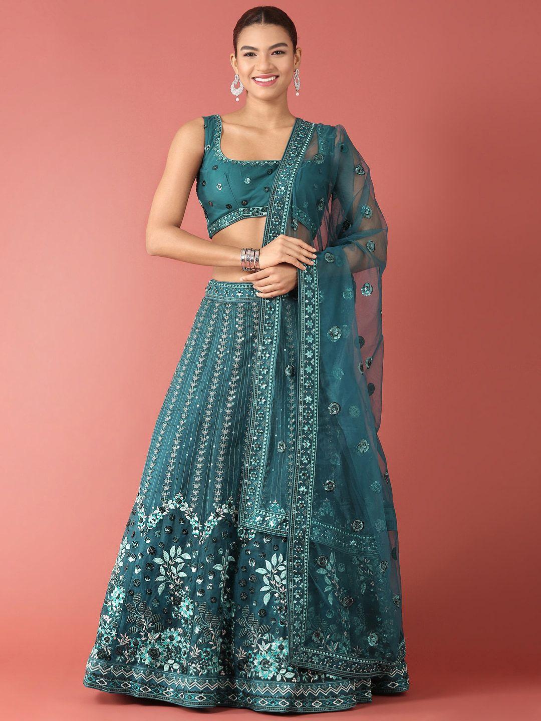 panchhi teal embellished sequinned semi-stitched lehenga & unstitched blouse with dupatta