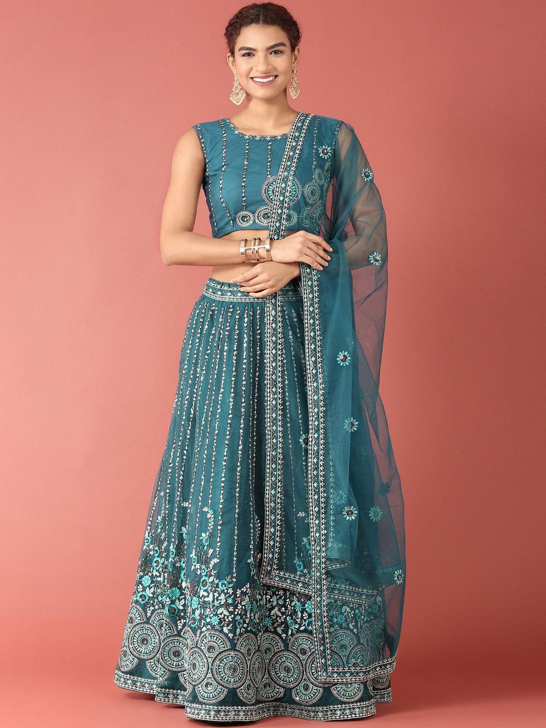 panchhi teal embroidered sequinned semi-stitched lehenga & unstitched blouse with dupatta