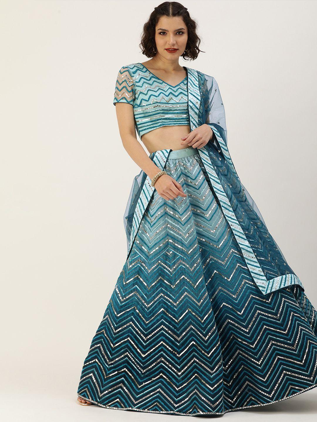 panchhi teal embroidered sequinned unstitched lehenga & blouse with dupatta