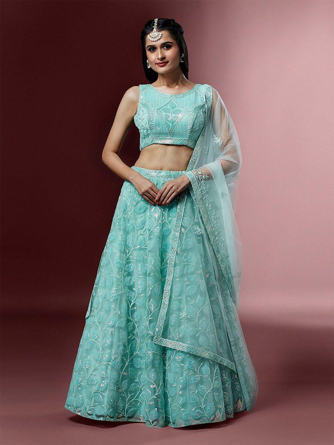 panchhi turquoise blue embroidered sequinned semi-stitched lehenga & unstitched blouse with dupatta