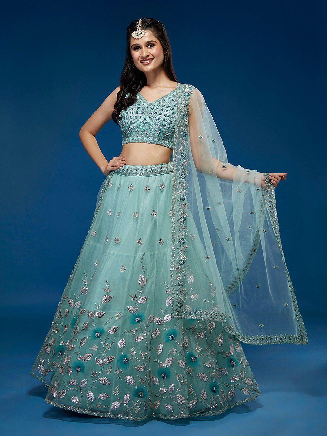 panchhi turquoise blue embroidered sequinned semi-stitched lehenga & unstitched blouse with dupatta