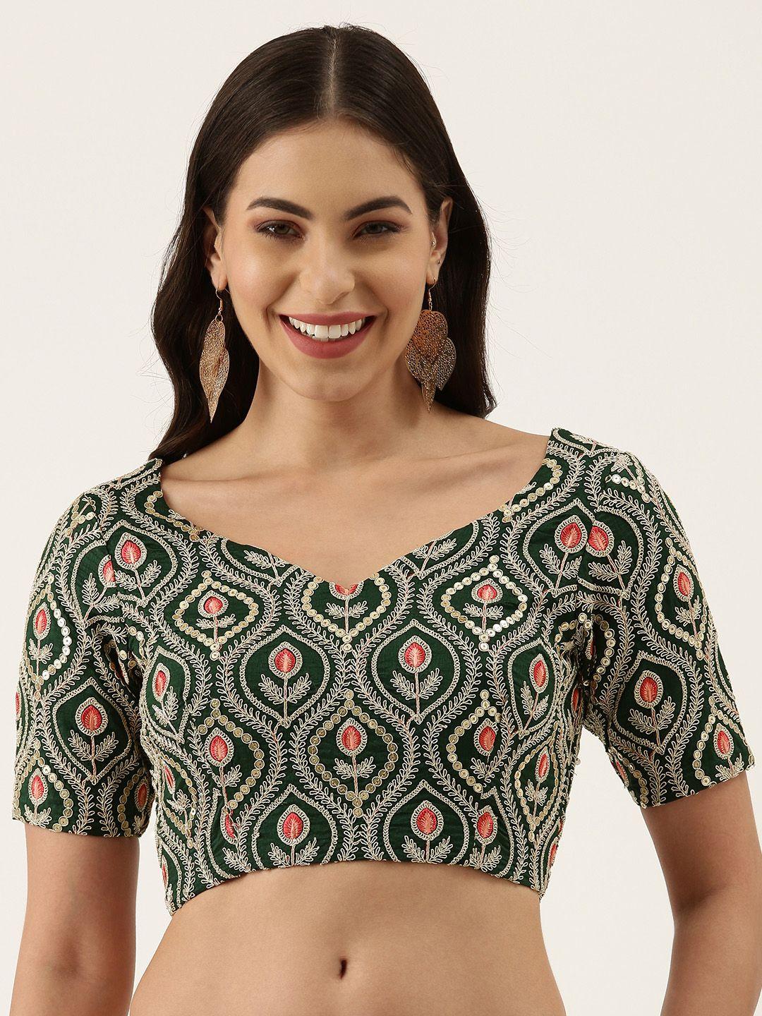 panchhi women green embroidered floral pure silk blouse