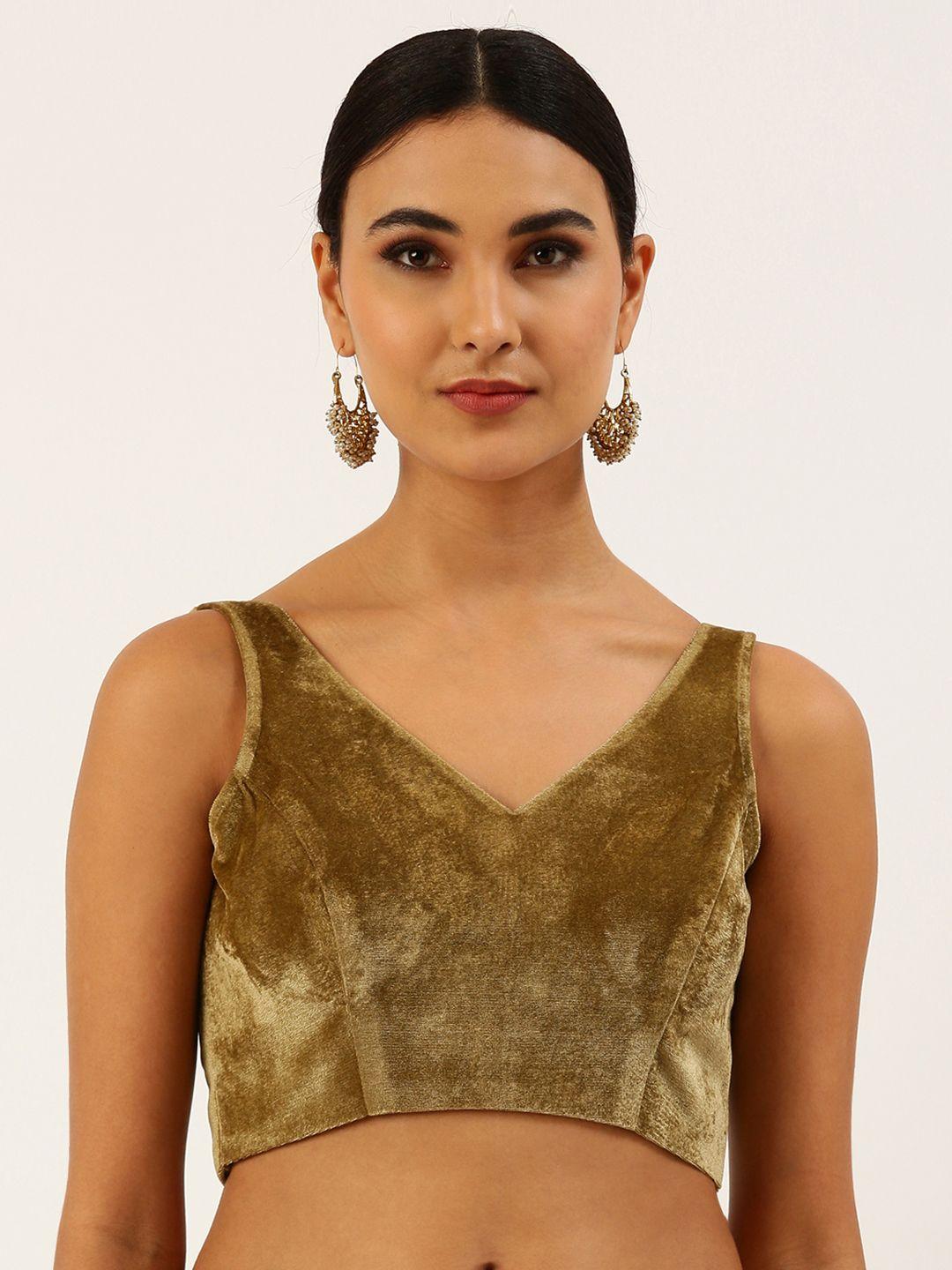 panchhi women olive green solid velvet saree blouse