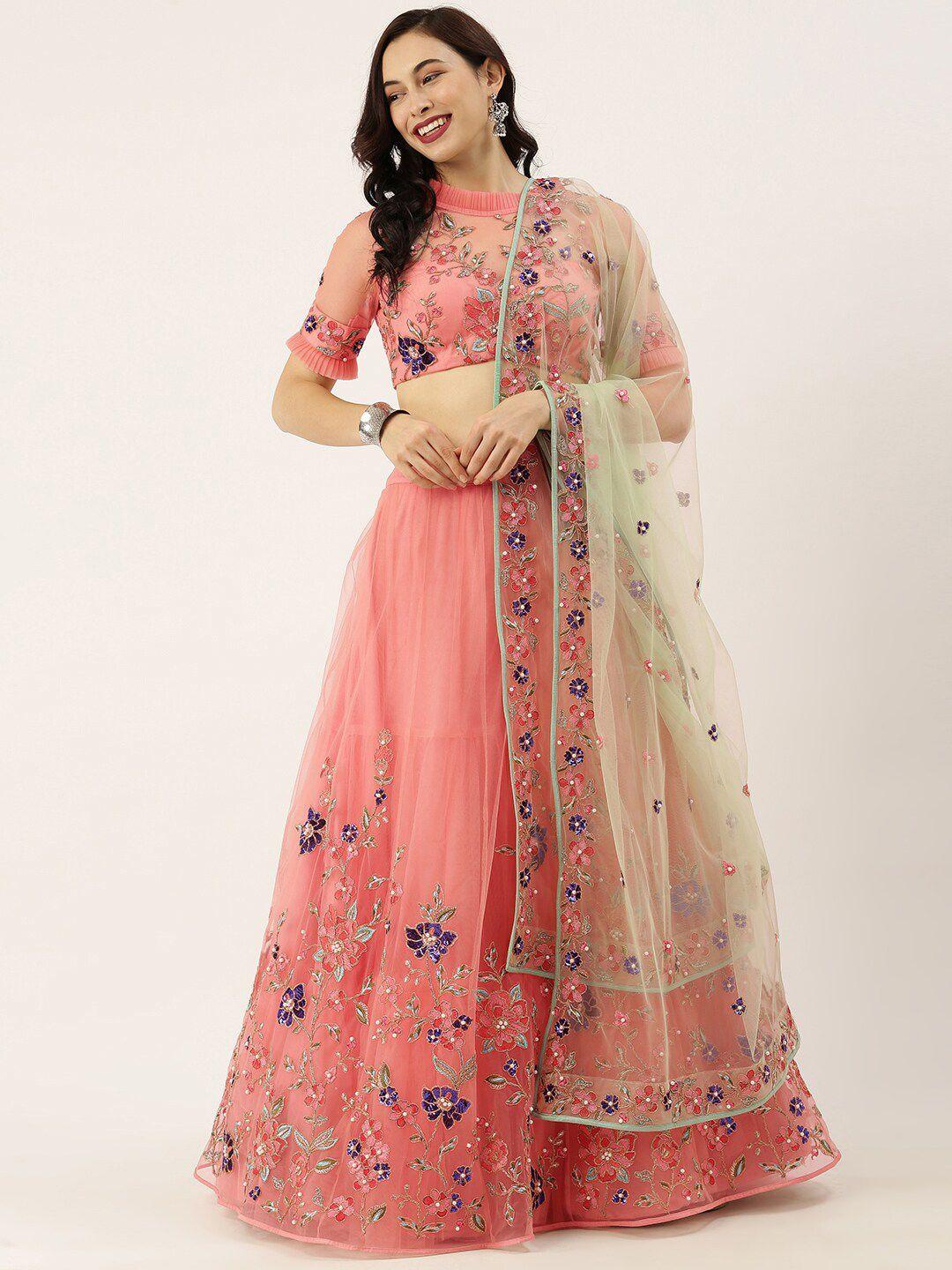 panchhi women peach embellished semi-stitched lehenga & unstitched blouse with dupatta