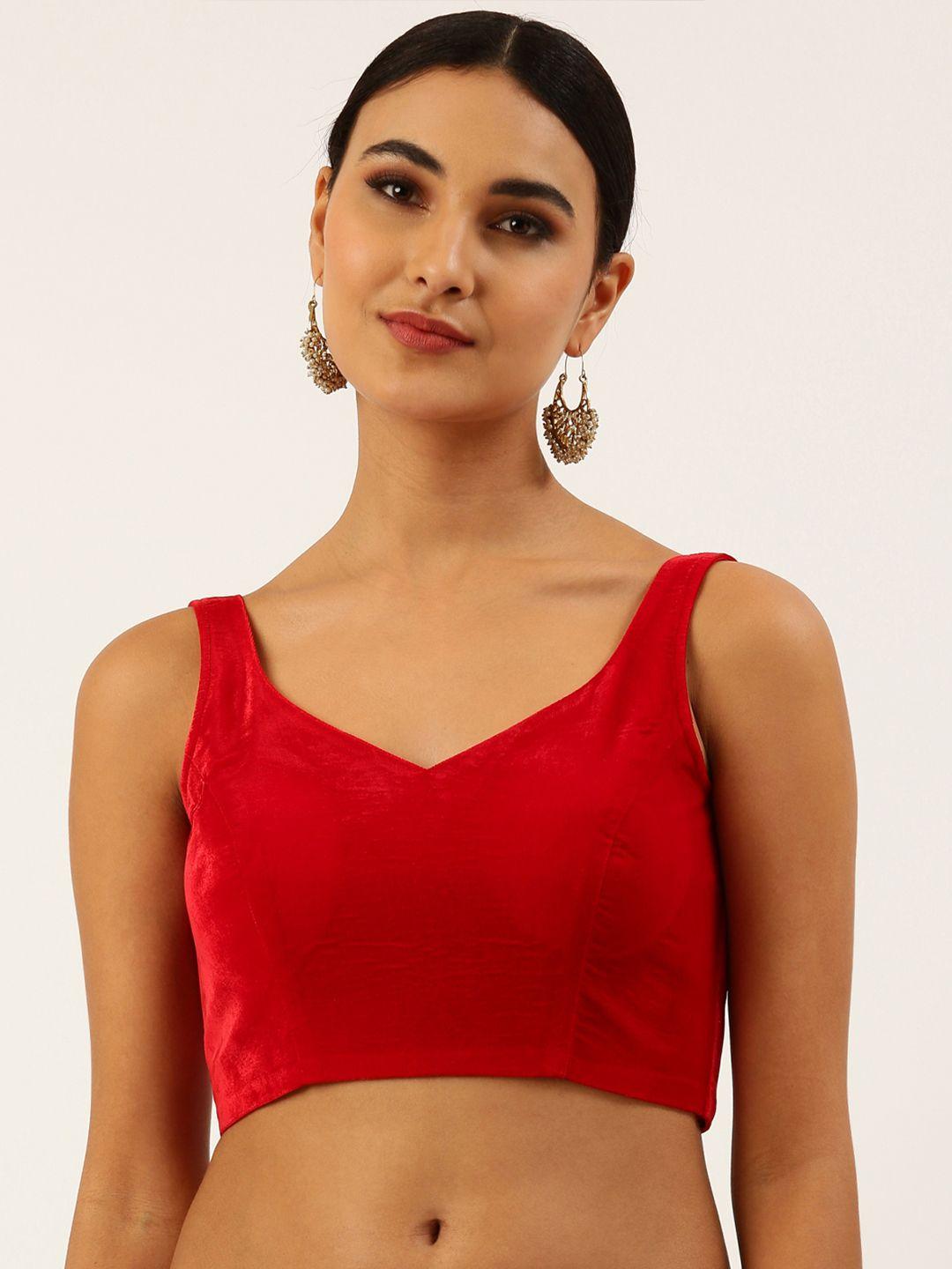 panchhi women red solid velvet saree blouse