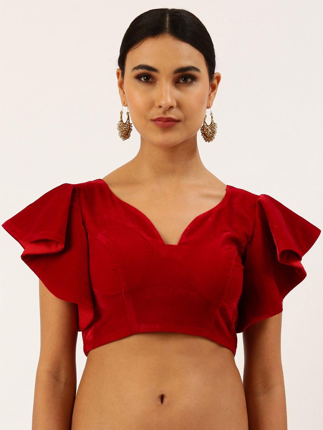 panchhi women red velvet sweetheart neck saree blouse