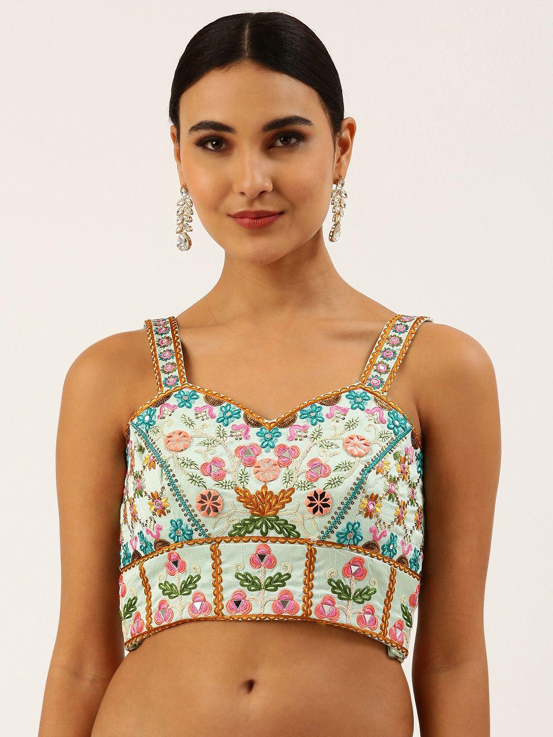 panchhi women turquoise blue & pink embroidered art silk saree blouse
