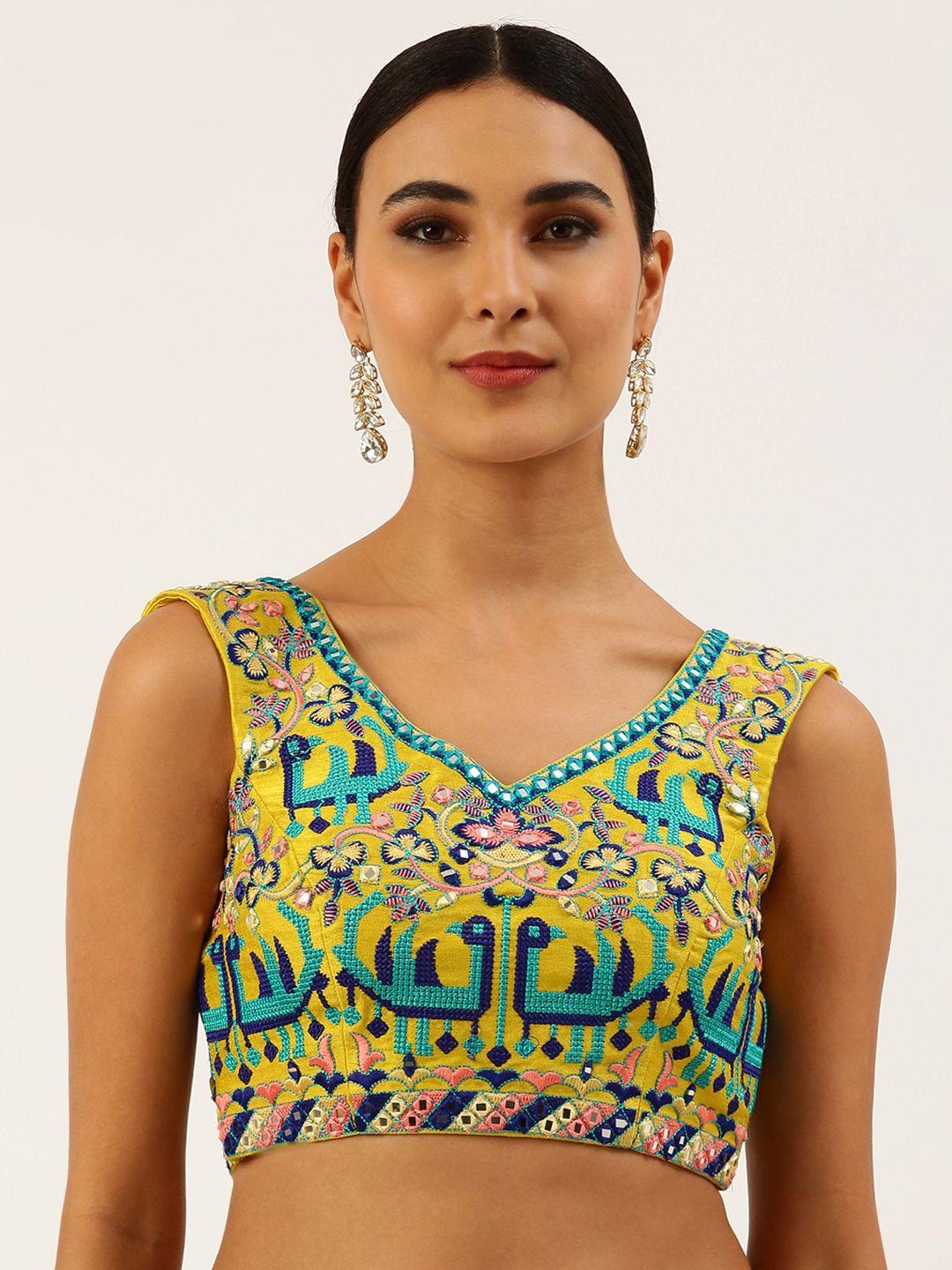 panchhi women yellow embroidered art silk saree blouse