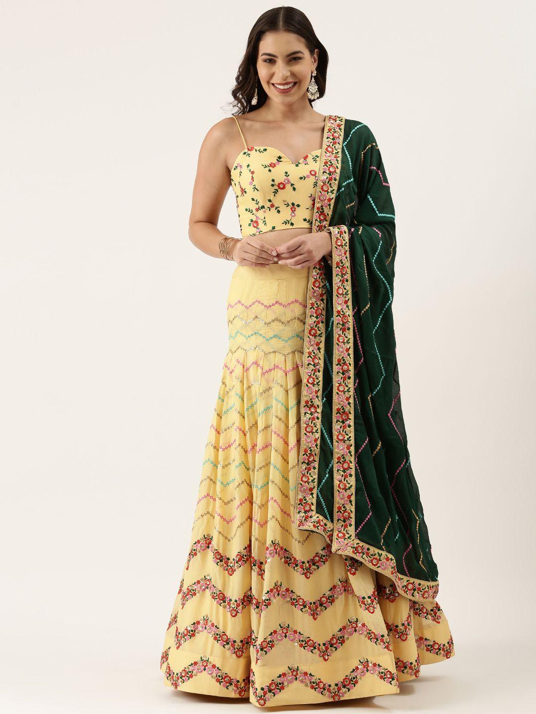 panchhi yellow & green embellished sequinned semi-stitched lehenga & unstitched blouse with dupatta