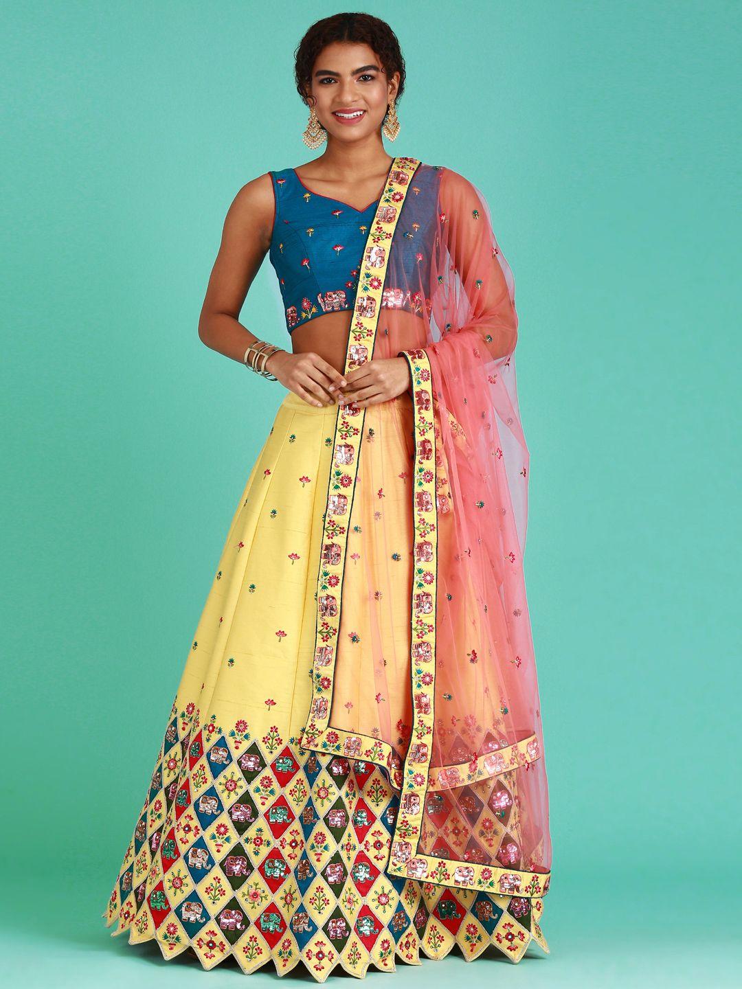 panchhi yellow & teal embellished mirror work semi-stitched lehenga & unstitched blouse with dupatta