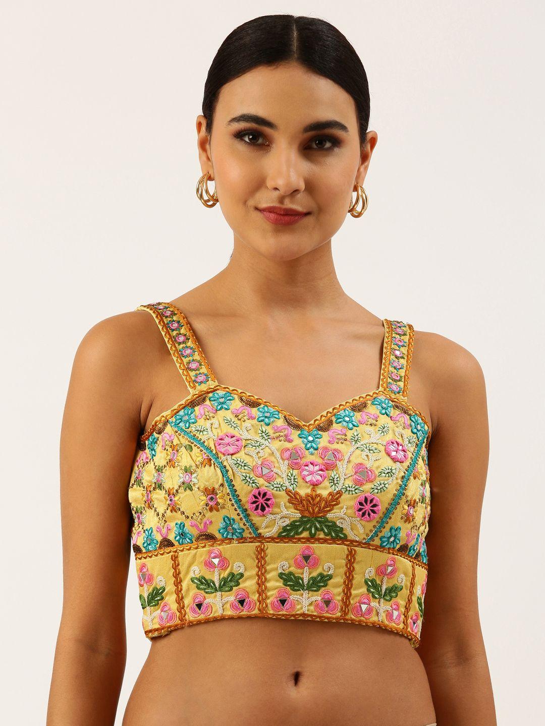 panchhi yellow embroidered readymade blouse