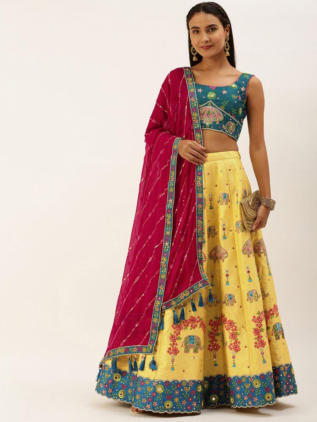 panchhi yellow printed pure silk semi-stitched lehenga & unstitched blouse with dupatta