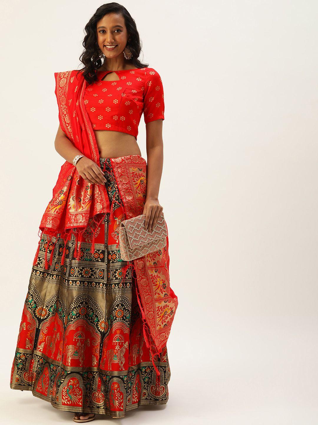 pandadi saree black & red semi-stitched lehenga & unstitched blouse with dupatta