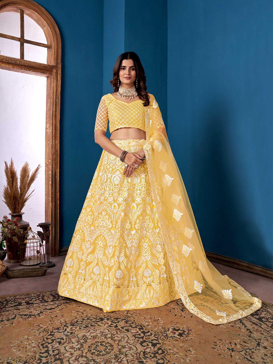 pandadi saree embroidered thread work semi-stitched lehenga & blouse with dupatta