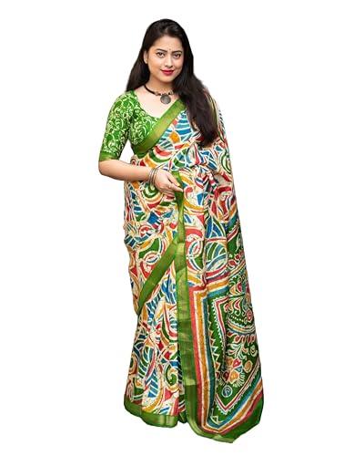 pandadi saree woman's green cotton crape batik print saree with unstitched blouse piece.